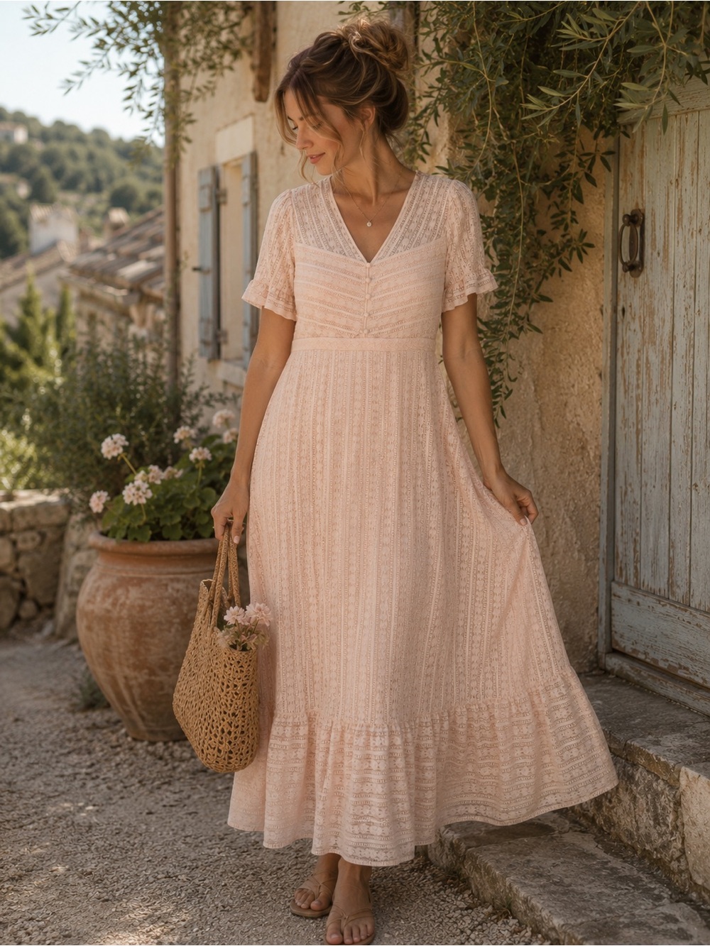 MaxAzria Blush Lace Button Front Midi Dress Medium Romantic Prairie Western 🌾